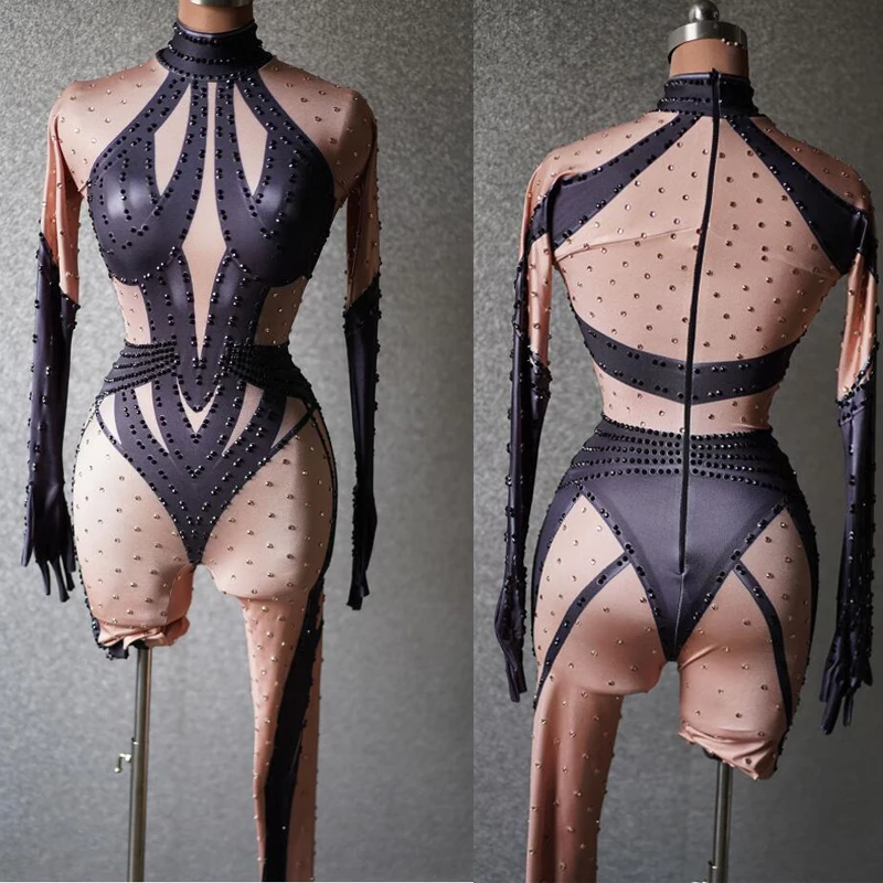 Drag Queen Outfit Sexy Gogo Dancer Costume Women Fake Nude Full Rhinestones Jumpsuit Bar Nightclub Ds Dj Rave Clothes XS8473