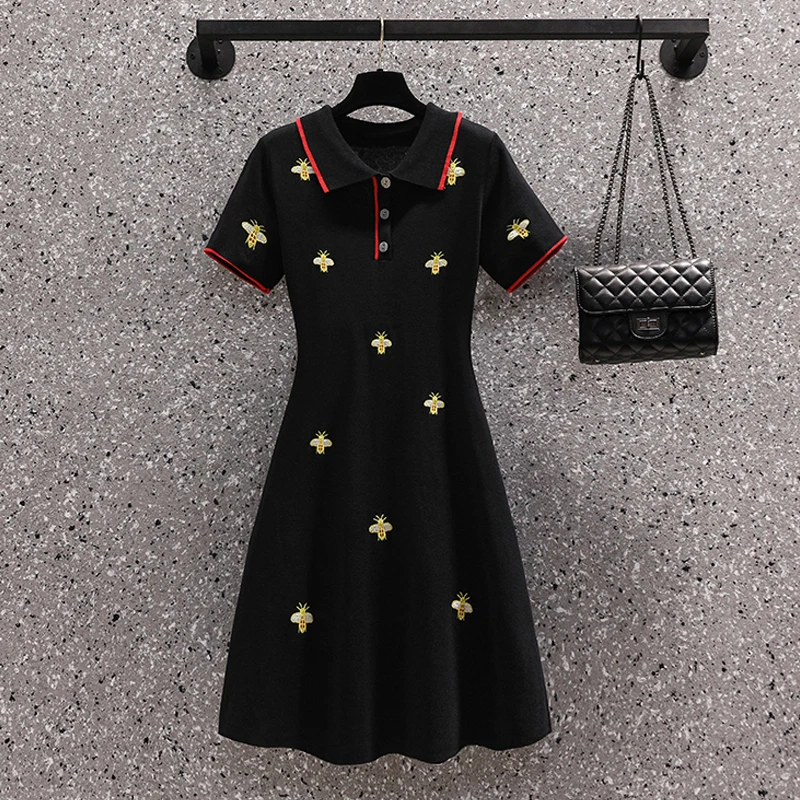 Embroidery Summer Kintted Elegant Vintage Black Dress Short Sleeve Party Knee Dresses Women Fashion Ladies 2022 Clothing Female