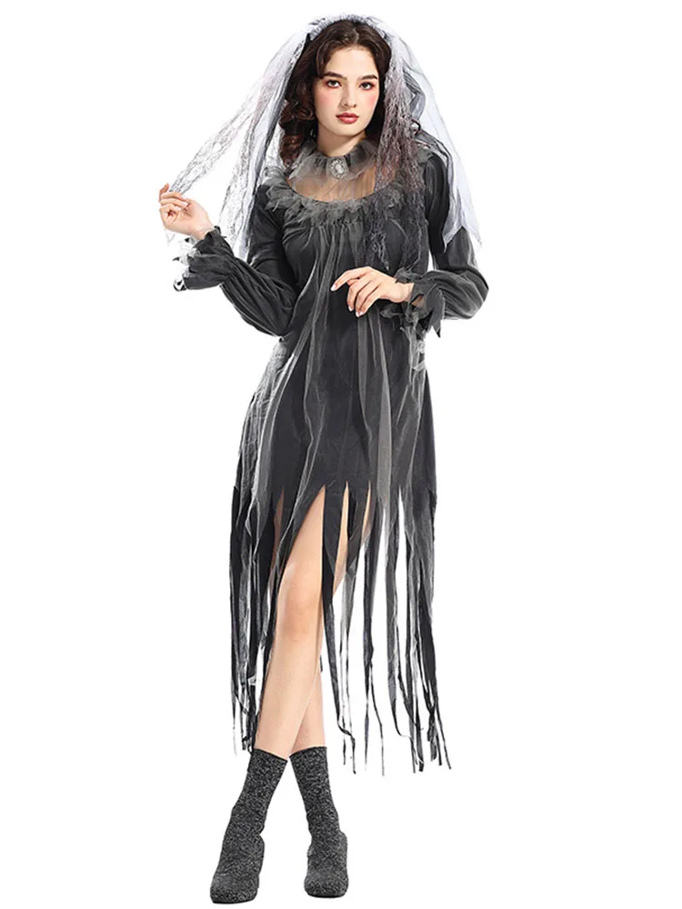 Horror noiva zumbi dr ey traje feminino faion loween par desempenho bar ds evento poliéster dr