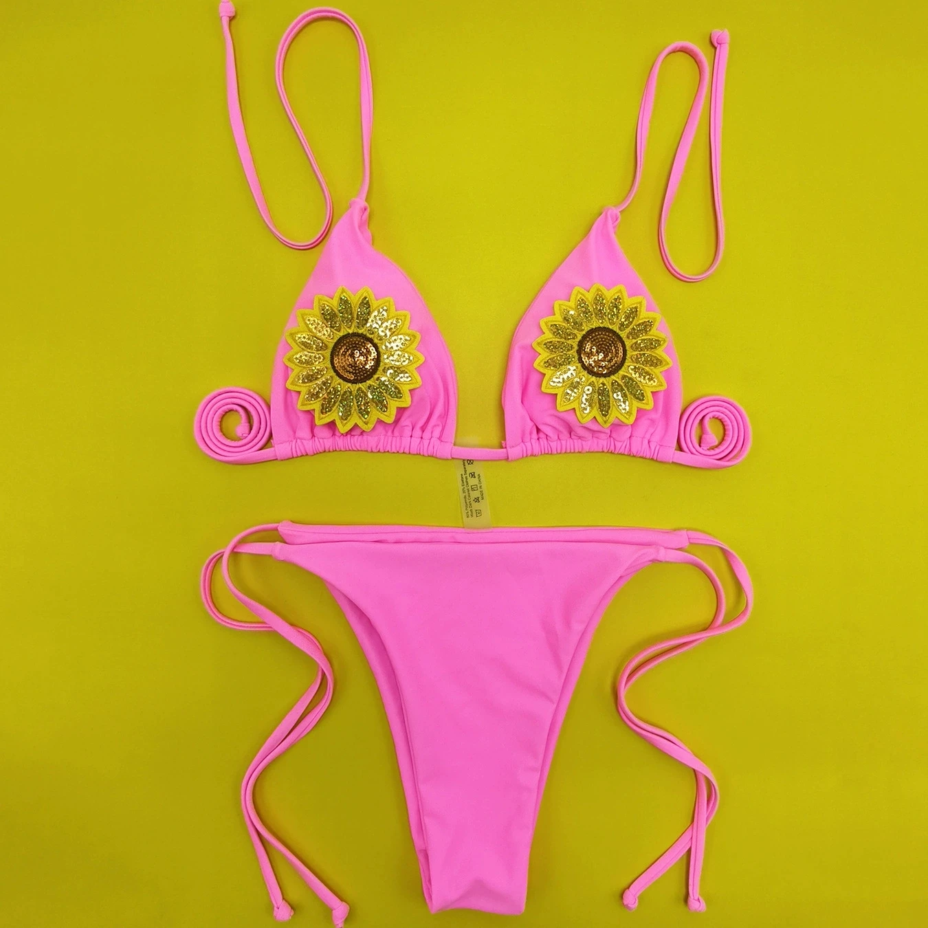 

Melphieer Halter Bikini Women's 2pcs Summer Beach Pool Party Brazilian 3D Sunflower Gold Sequins Sparkle Pink White Bikinis Set