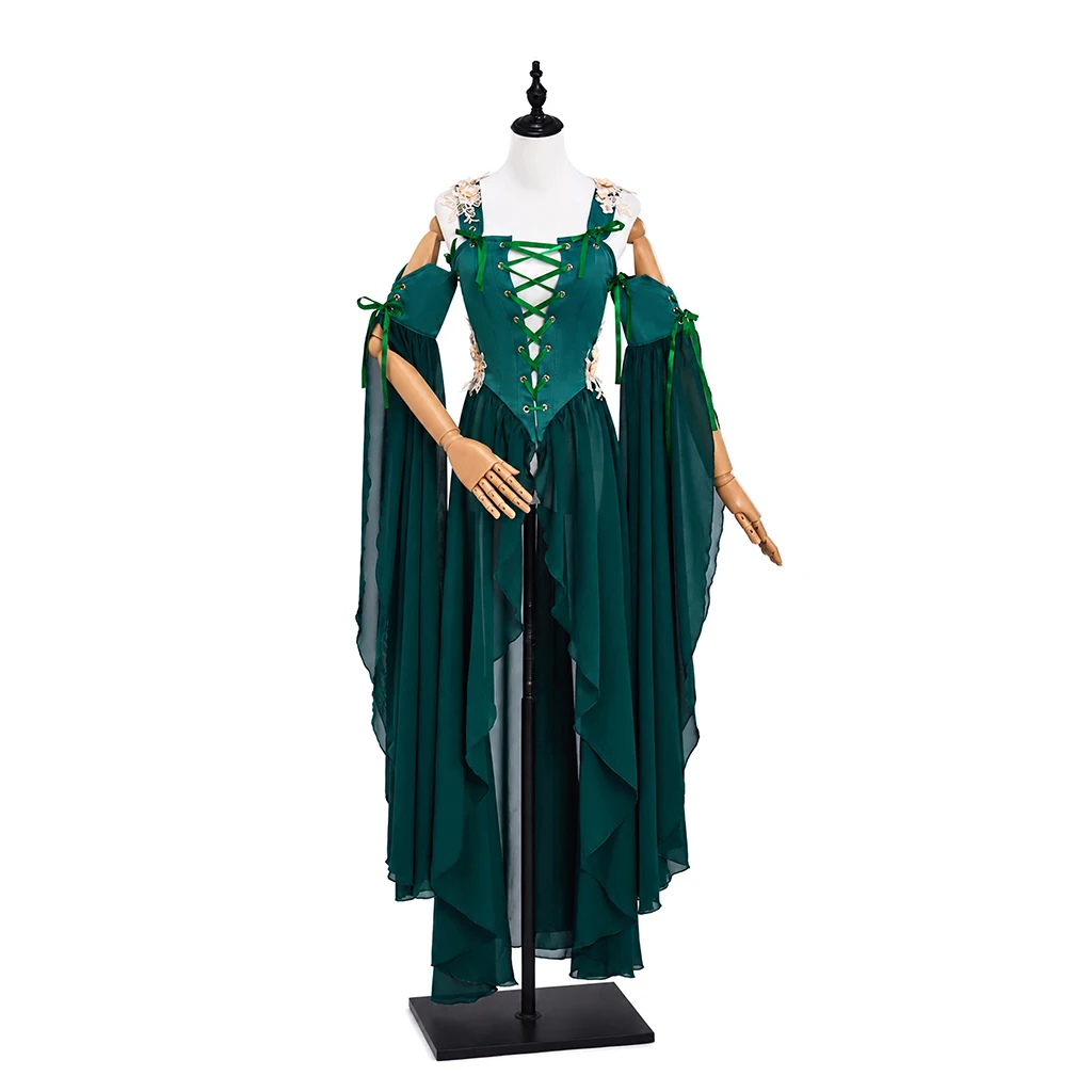 Women's Medieval Renaissance Costume Fairy Elf Green Dress with Sleeves Vintage Forest Fairy Corset Gown for Halloween view 2