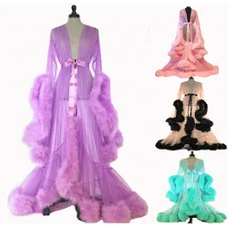 Women's Medieval Vintage Semitransparent Bridal Gowns Feather Wedding Robe Tulle Fantasy Furry Edge Fairy Outwear Costume Dress