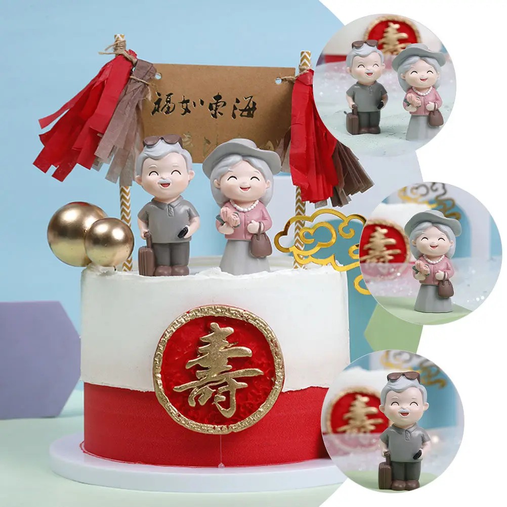 2Pcs Elderly Couple Resin Sculpture Travel Grandma Grandpa Statue Wedding Anniversary Home Decoration Grandma Grandpa Figurine