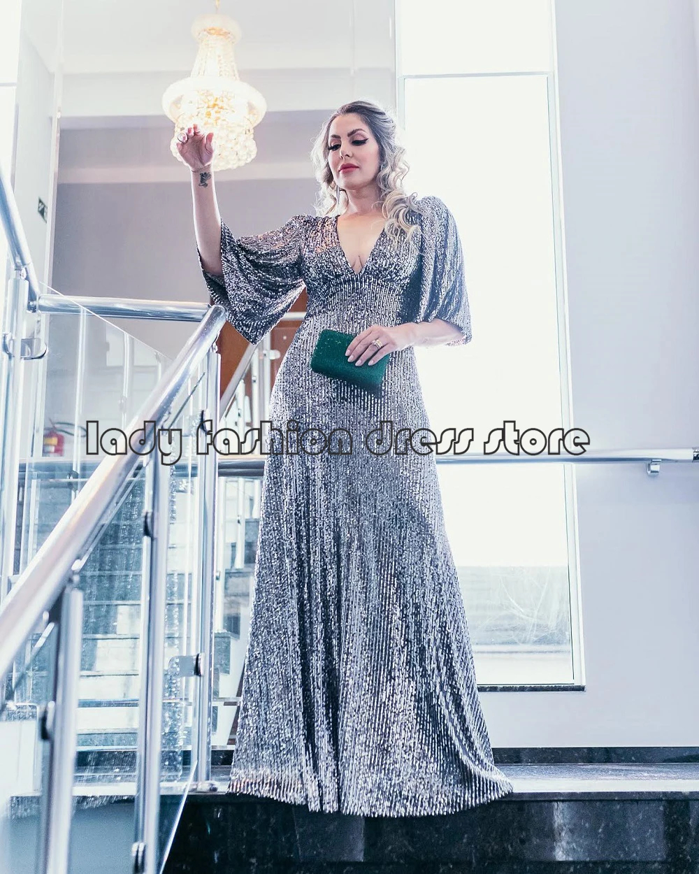 

Sexy Squine Floor Length V Neck Sliver Formal Party Evening Dresses 2022