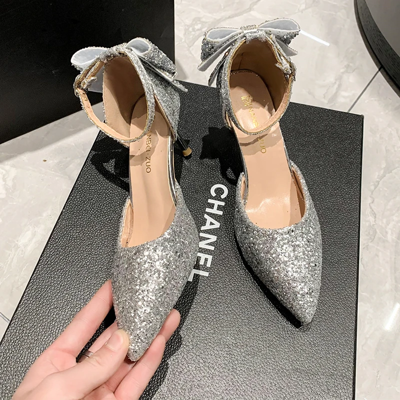 Scarpe per donna argento calzature estive da donna scarpe da sposa da sposa strass punta a punta tacco Super alto diamante