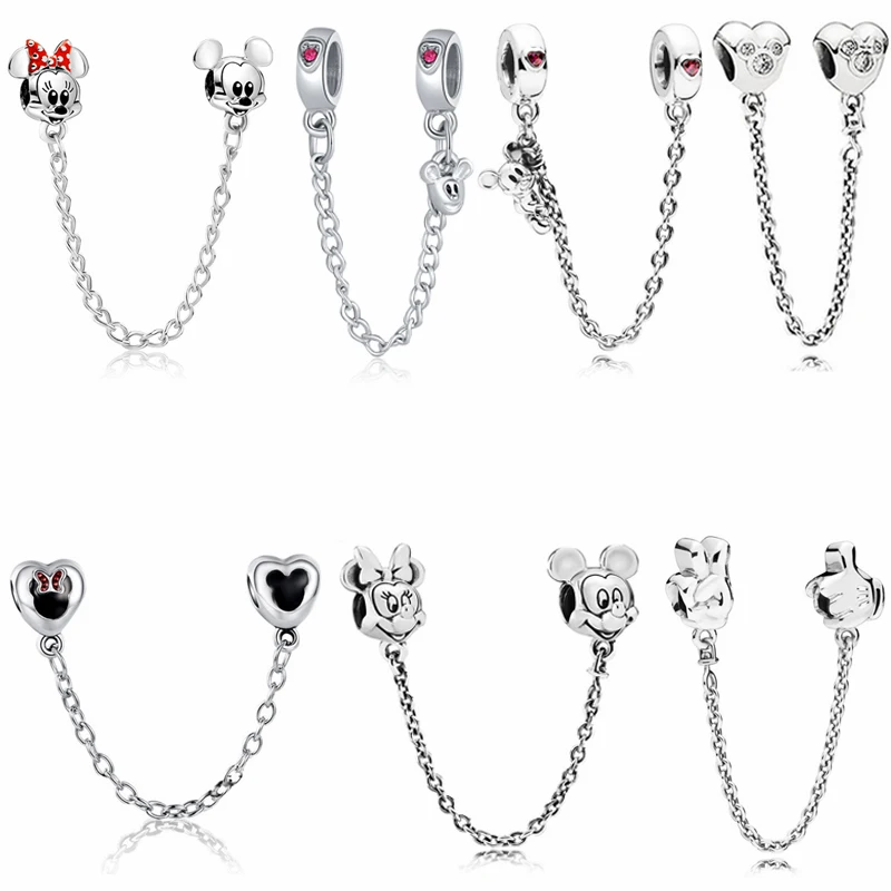 

Fit Pandora Mickey Mouse Safety Chain Charms Bracelet Men Disney Beads Bangle DIY Jewelry For Women Minnie Dangle Accessory Gift