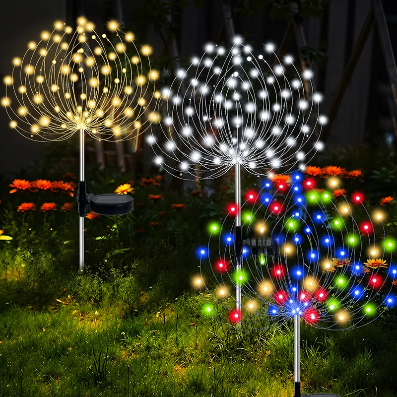 Solar Firework Stake Lights 60-420LED Lamps 8 Modes Waterproof IP54 Rating Warm White White Colorful Yard Patio Holiday Decor