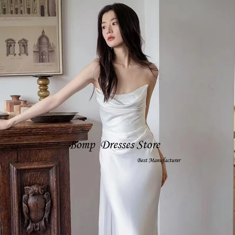BOMP Elegante trägerlose weiße Party-Abendkleider, Fotoshooting, trägerloses Seidensatin-Körper-Maxikleid, Hochzeitsfeier, individuell gestaltet