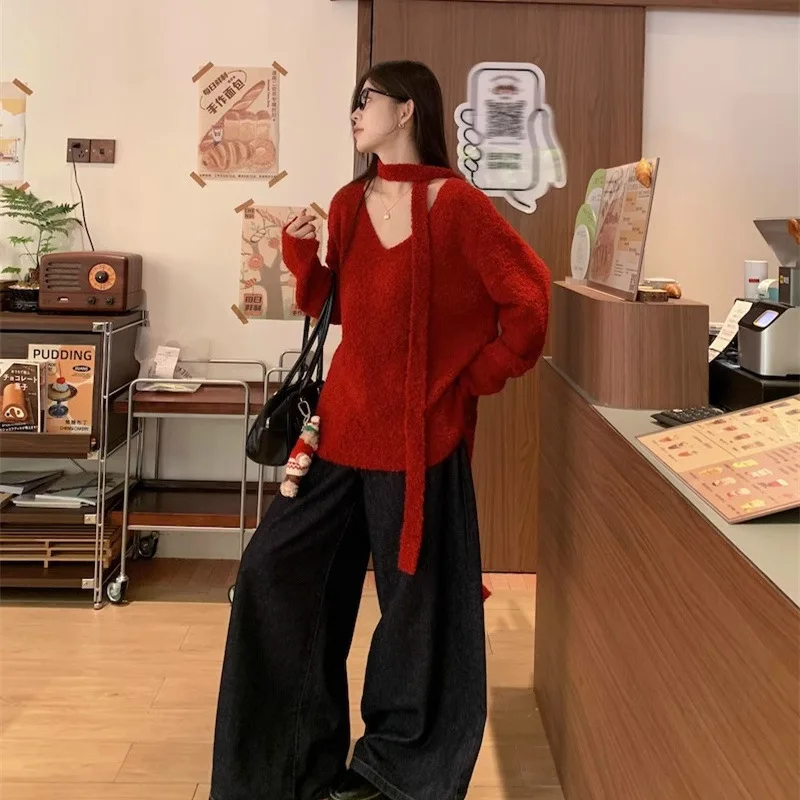 

Свободный свитер, осенне-зимний вязаный топ с длинными рукавами в ленивом стиле + шарф, комплект из двух предметов, красный новогодний наряд