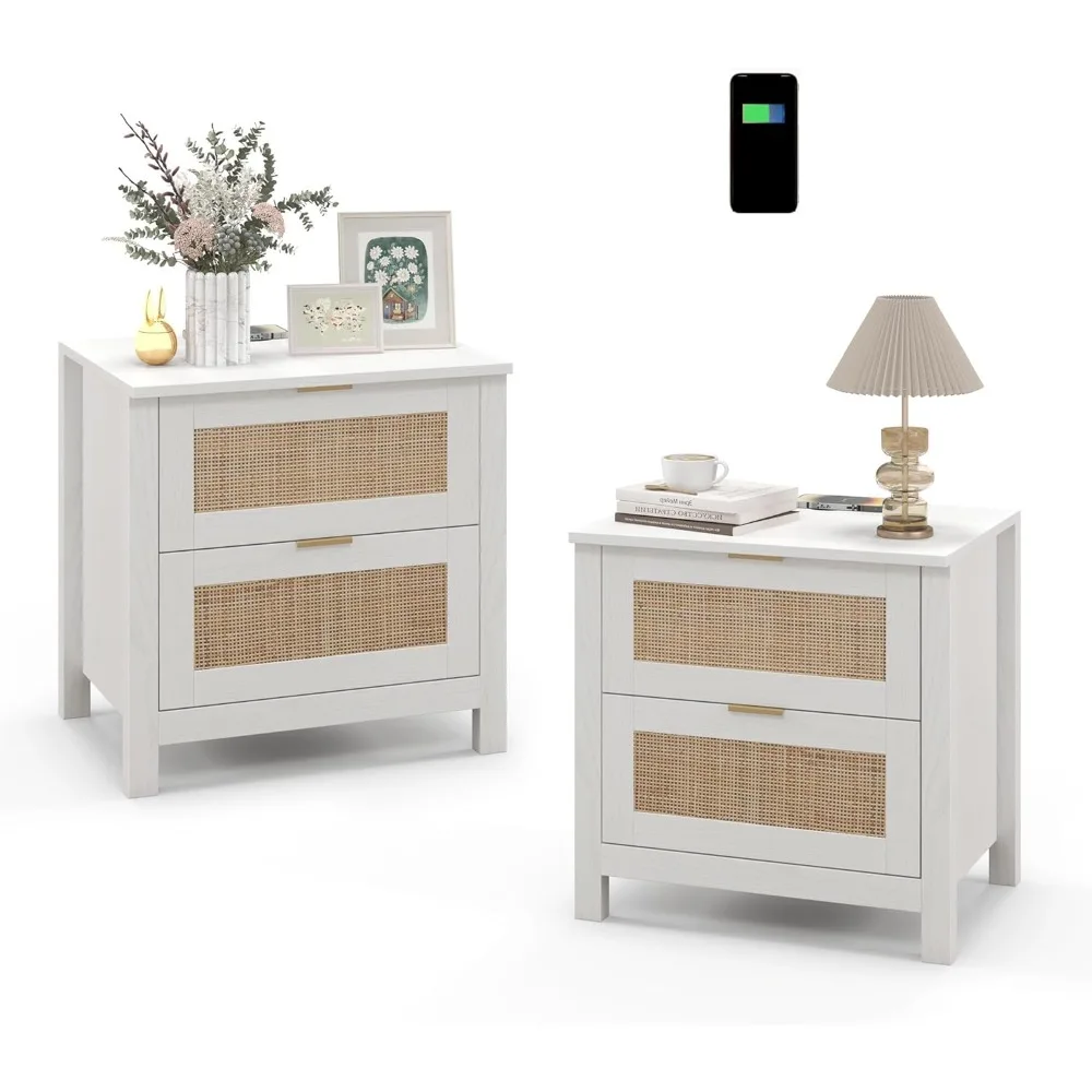 Night Stand Set of 2 Rattan Nightstands with Wireless Charging Station, Wood Accent Bed Side End Tables with 2 Rattan Drawers,
