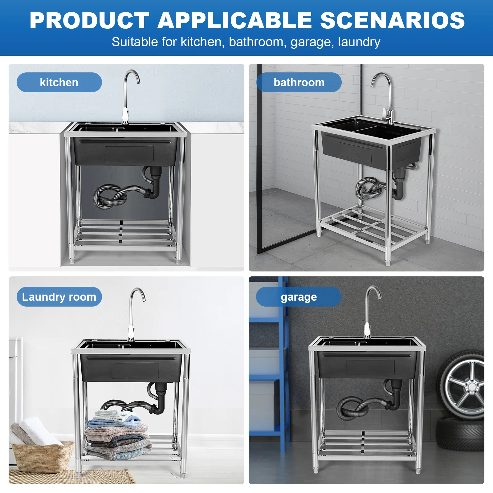 

Freestanding Utility Sink Adjustable Stand Deeply Kitchen Basin Rust Proof for Kitchen Bathrooms Laundry Room