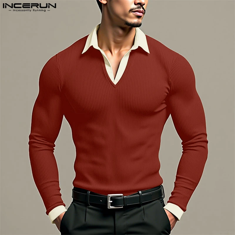 

INCERUN Мужская рубашка в стиле пэчворк, вязаная рубашка с лацканами и длинным рукавом, повседневная мужская одежда, уличная одежда, 2025 г., модные рубашки Camisas для отдыха, S-5XL