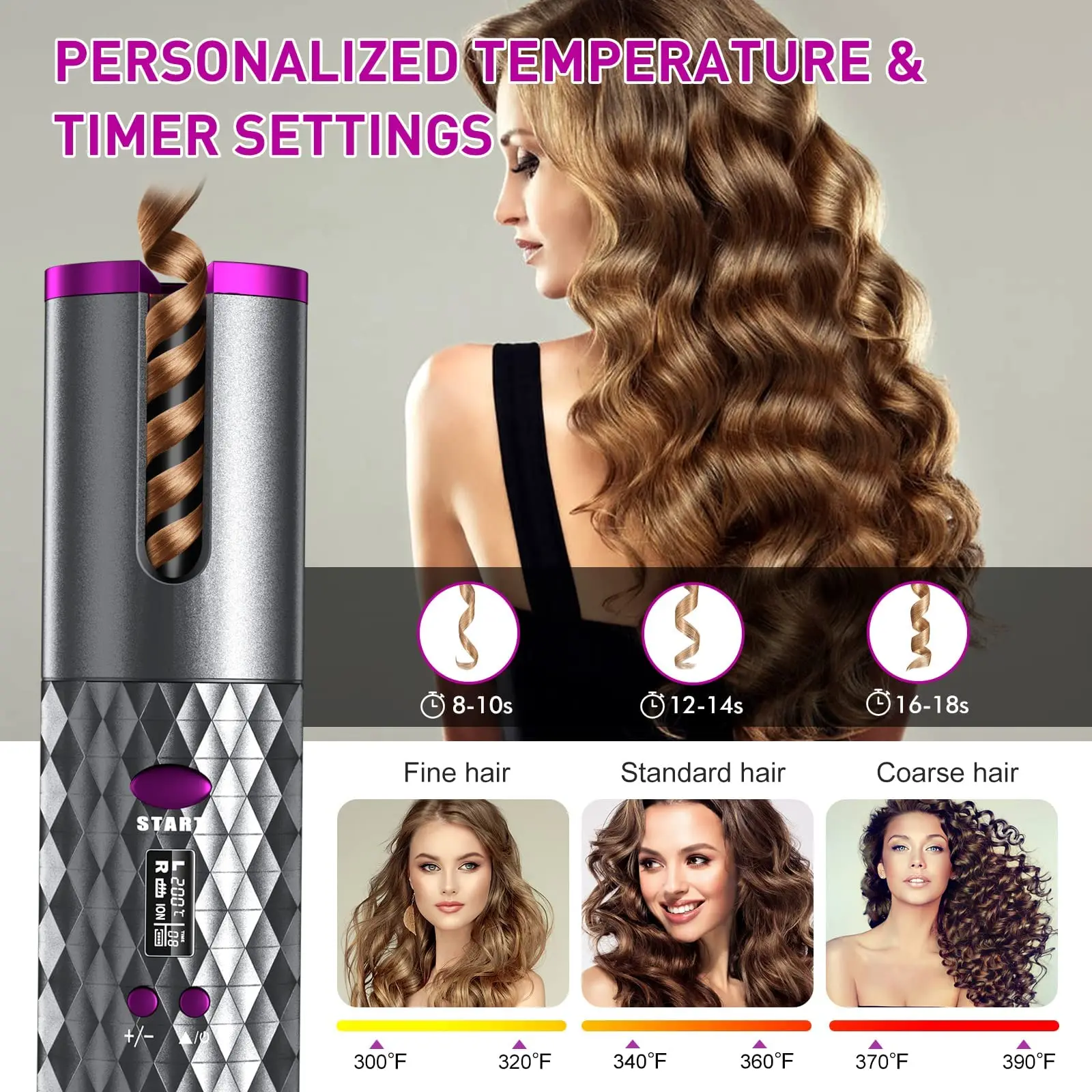 Automatic Curling Iron,Cordless Hair Curler, Ceramic Rotating with 6 Temps Timer,Portable USB Rechargeable,Fast Hot Comb Styling