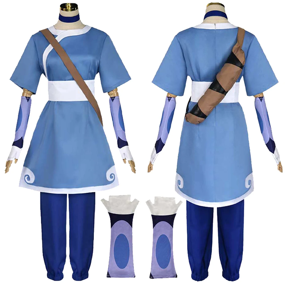 Unisex Katara Cosplay Fantasy Costume Cartoon Avatar Last Cosplay Airbender Roleplay Collar Shoulder Bag Adult Halloween Suit