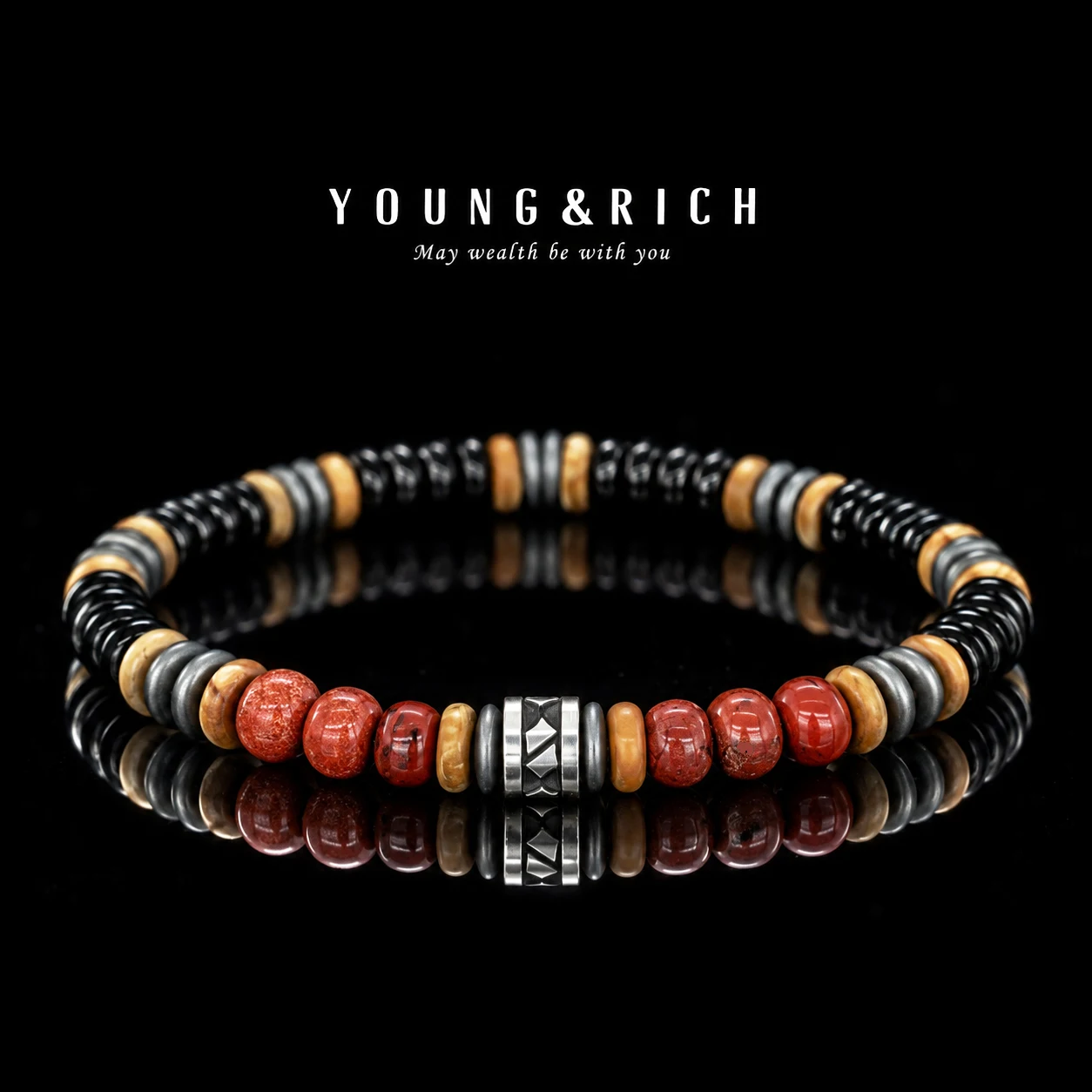 4mm Handmade Men Bracelet Natural Black Agate Red Jasper Flat Wood Beads Retro Carved Metal Barrel Bead Wristband Vintage