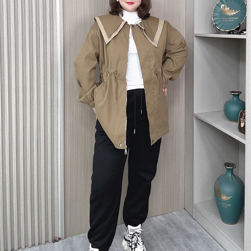 Autumn XXL Women Trench Coat Drawstring Waist Loose mid-length Sailor Collar Casual OUTERWEAR 2201