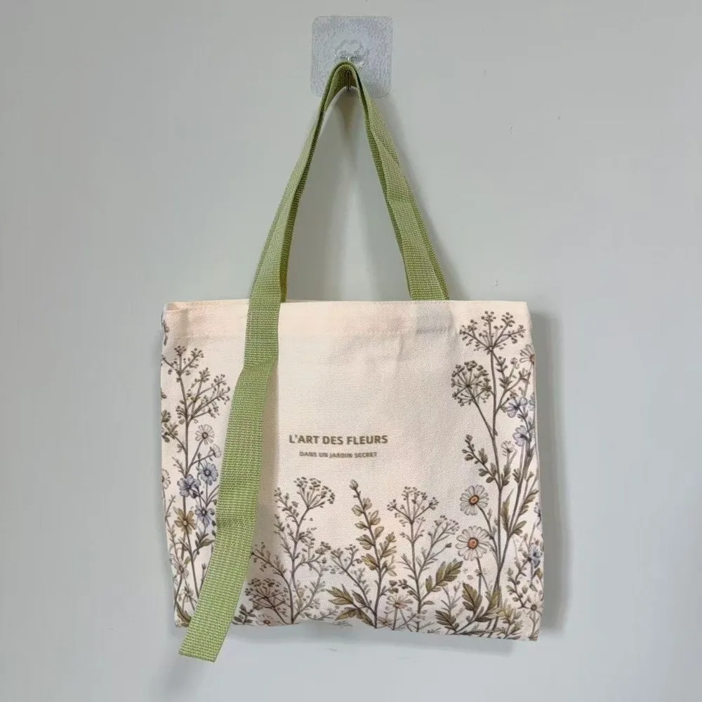 New Cotton Canvas Canvas Tote Bag Durable Lightweight Carry Bag Green Daisy Print Travel Bag Shopping Trips