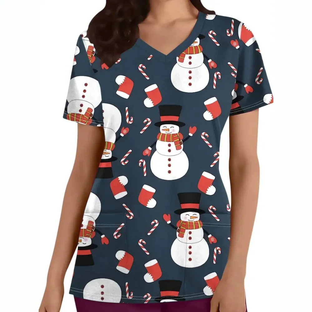 Scrub natalizio Donna medica Estate Cartoon Pattern Stampa Scollo a V Maniche corte Abbigliamento medico per le donne Uniforme da infermiera di moda