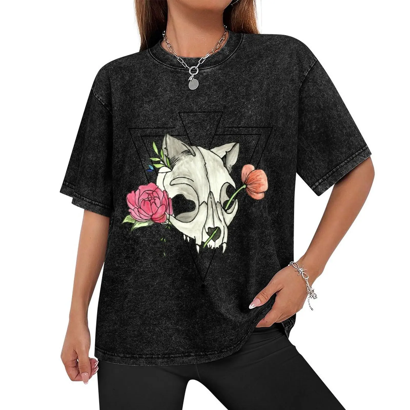 Cat Skull with Flowers and Geometric Shapes T-Shirt funny shirt cotton rapper graphic tees Men's clothing