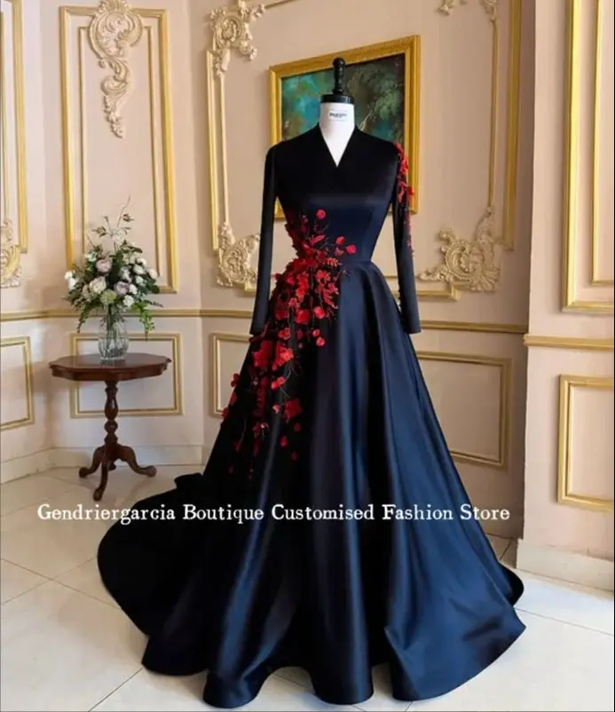 Robe de soirée noire élégante, col en V, luxe, broderie florale 3D, manches longues, gothique, robes