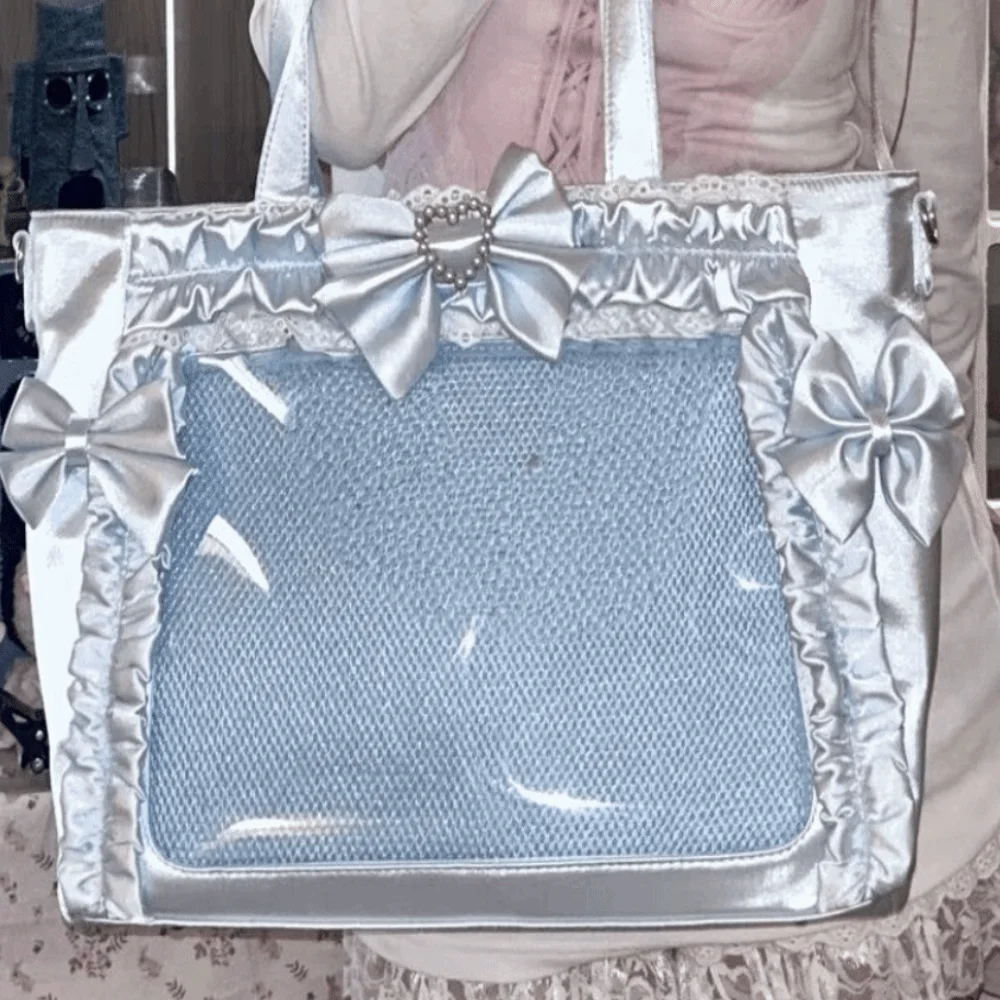 Polyester Ita Bag Ruffle Trim Clear Display Window Badge Display Bag Lace Bow Design Bow Accents Y2K Bag Pin Collection Display