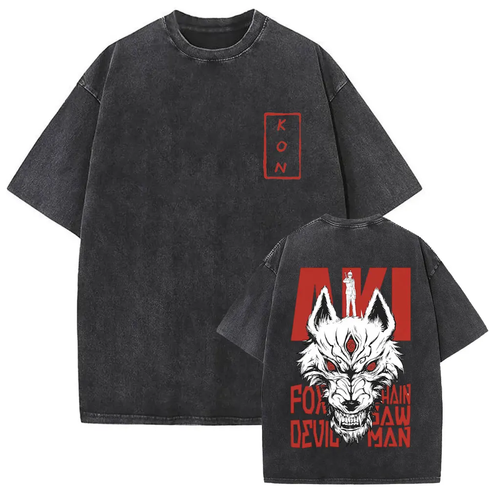 Washed Vintage Anime Chainsaw Man Hayakawa Aki Summon Kon Fox Devil Graphic T Shirt Men Women Clothing Fashion Oversized T-shirt