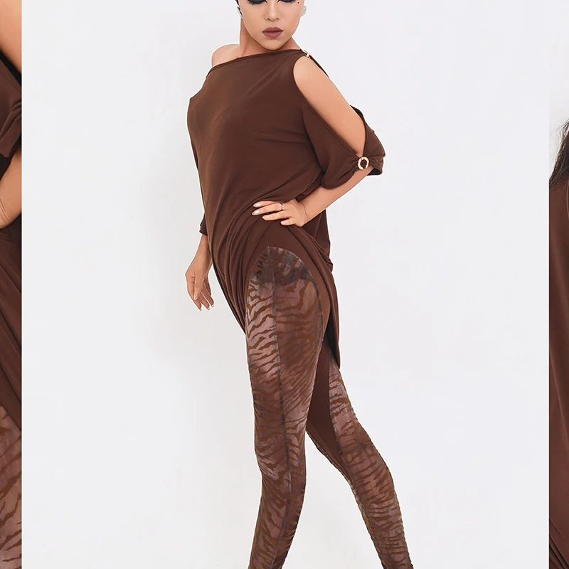 2025 nouveaux tenues de pratique de danse latine épaule inclinée bouton rond en métal sweat à capuche pantalons serrés ensembles vêtements de danse latine