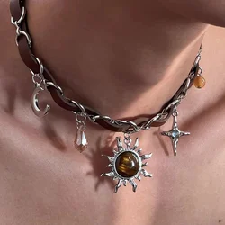Gothic Dark Trendy Metal Star Sun Pendant Leather Necklace for Women Men y2k Punk Jewelry Gift HUANZHI 2025 NEW INS