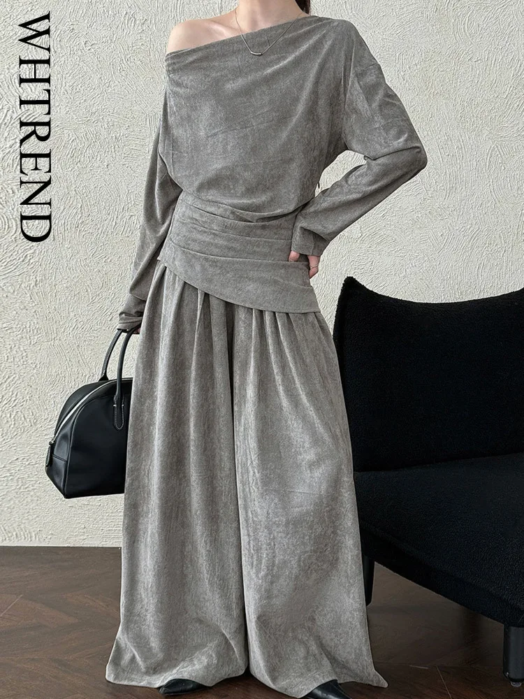 

WHTREND Irregular Swing Collar Off Shoulder Top + Wide Leg Pants Two Piece Set Autumn Winter Fashion Outfit Office Lady WH1597