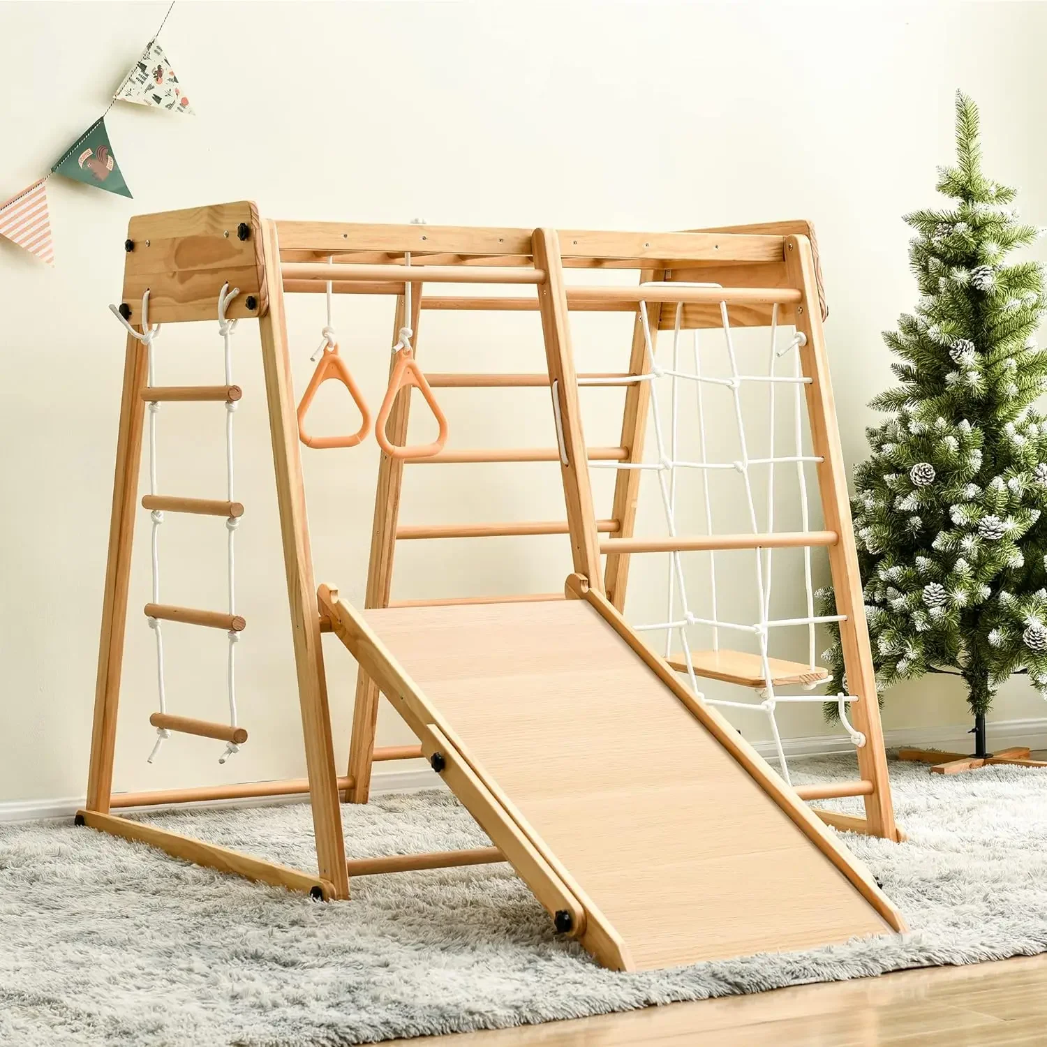 Playground 8-in-1 Jungle Gym Toddler Climbing Toys with Slides and Play Table Wooden Rock Climbing Ladder with Rope Wall