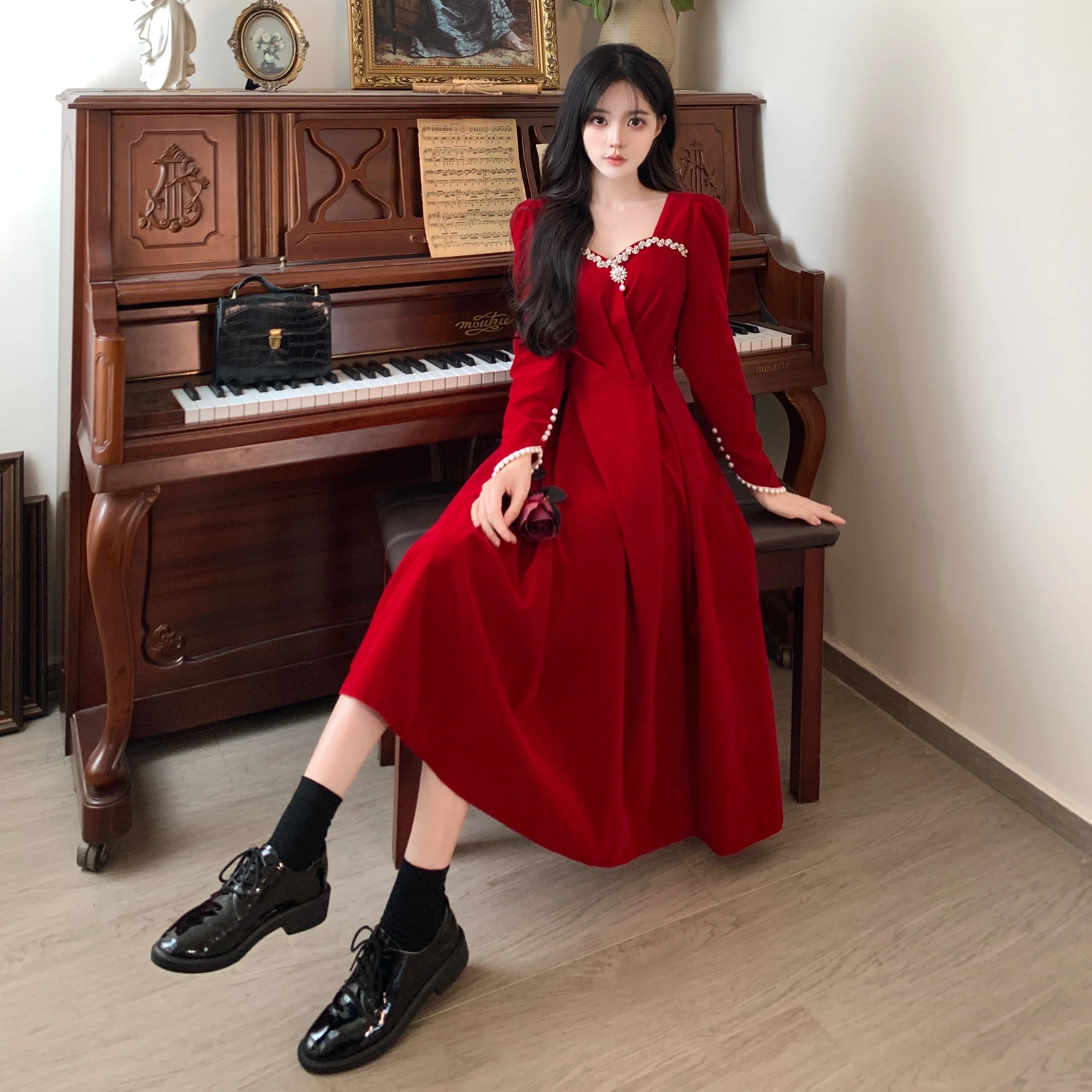 Burgundy Velvet Prom Dresses Square Collar Long Sleeve Pearl Crystal Long Engagement Dress Plus Size Female Formale Gowns