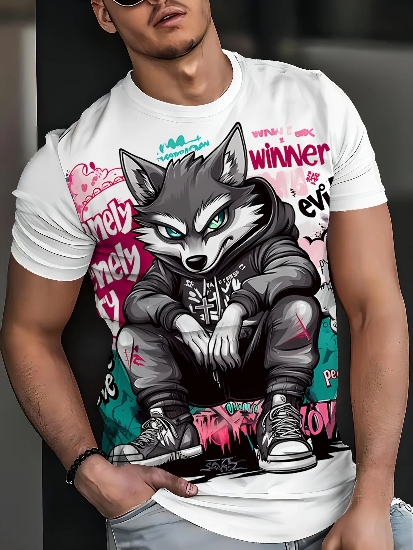 

Cartoon Animal Print Men's T-Shirts Funny 3D Wolf Pattern Oversized Short Sleeve Streetwear Casual O-neck Tops Hip Hop Clothing