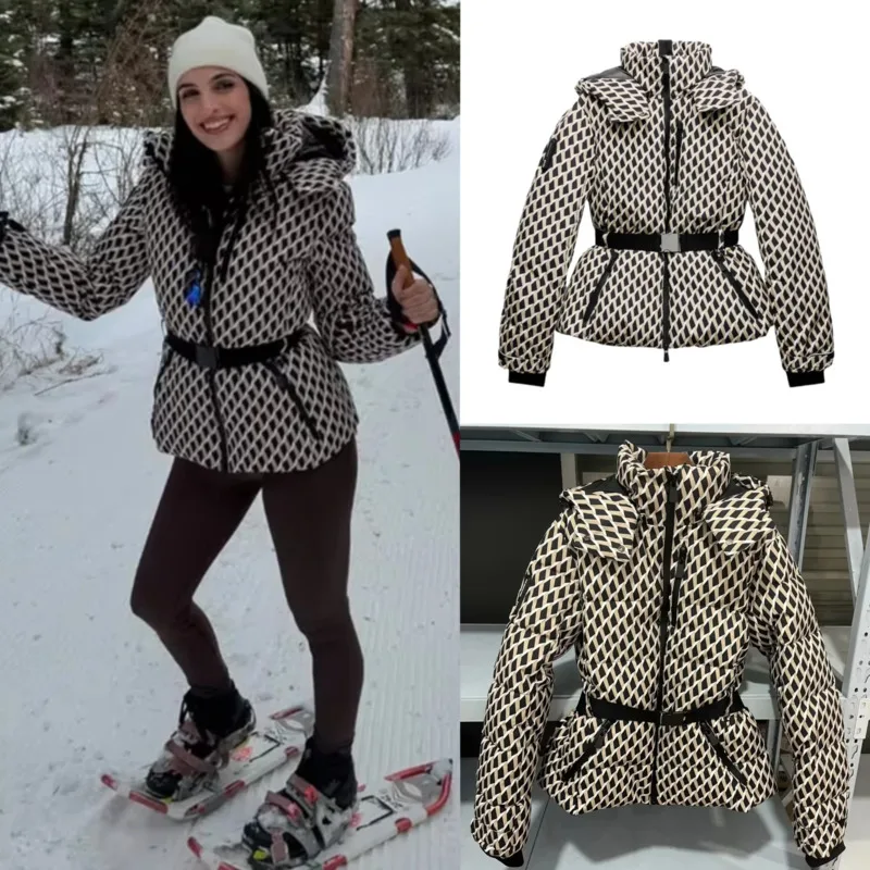 2025 New Women's Ski Series Stand-up Collar Hooded Down Cotton Jacket With Belt Winter Waist Warm Windproof Cuffs Commuter Coats