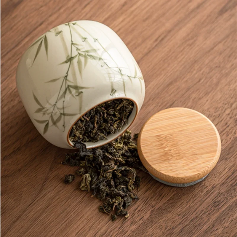 Chinese Ceramic Tea Caddy Hand-painted Bamboo Leaf Tea Jar Travel Tea Bag Tieguanyin Sealed Container Storage Tank Teaware