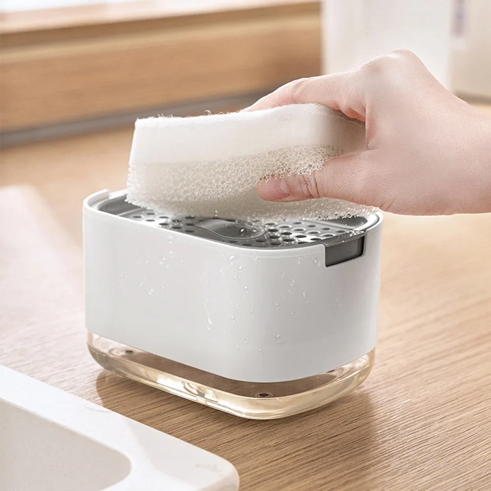 Dispensador de jabón, recipiente de bandeja con bomba de empuje con soporte de esponja, dispensador de desinfectante de manos para lavavajillas de cocina (esponja incluida) -Blanco