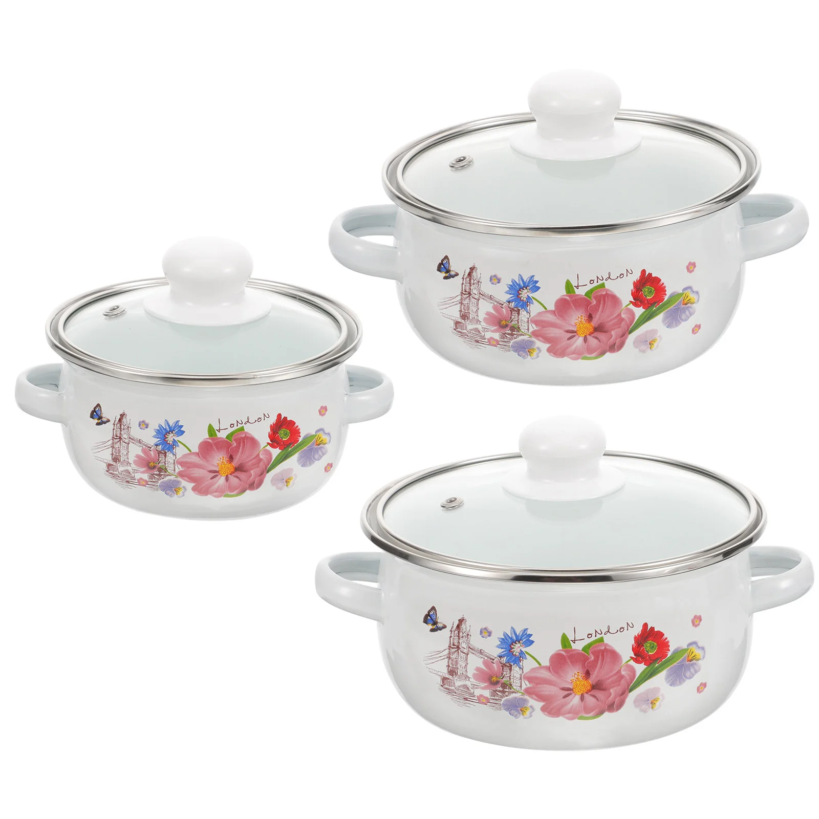 

3 Pcs Enamel Pot Cooking Canteen Stew Set Household Portable Double-handle Wear-resistant Home Cookware