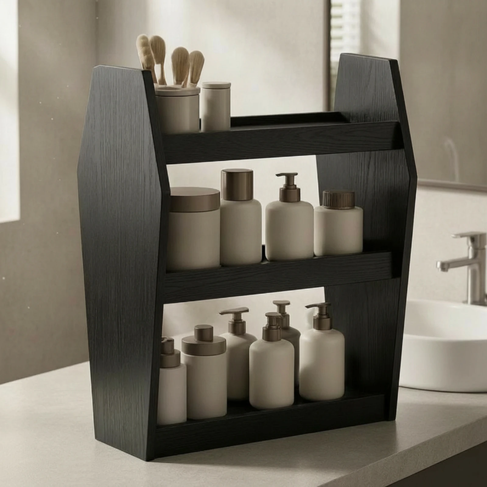 3-Tier Tabletop Rack Stepped Silhouette Gothic Shelf Rack Bathroom Counter Organizer Black Finish Wooden Display Shelf