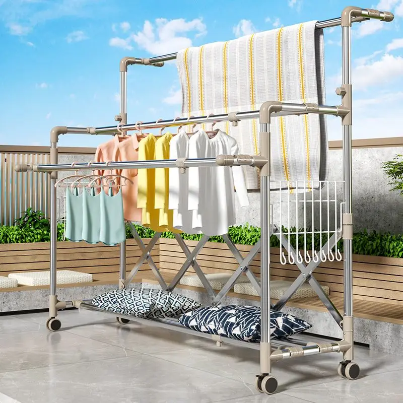 Balcony folding drying rack floor-to-ceiling household indoor stainless steel outdoor telescopic dormitory rental house quilt