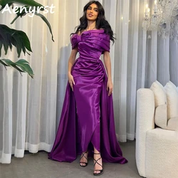 Aenyrst Grape Purple Off Shoulder Saudi Arabia Prom Dresses Satin Pleated Mermaid Evening Gowns Ankle Length Formal Party Dress