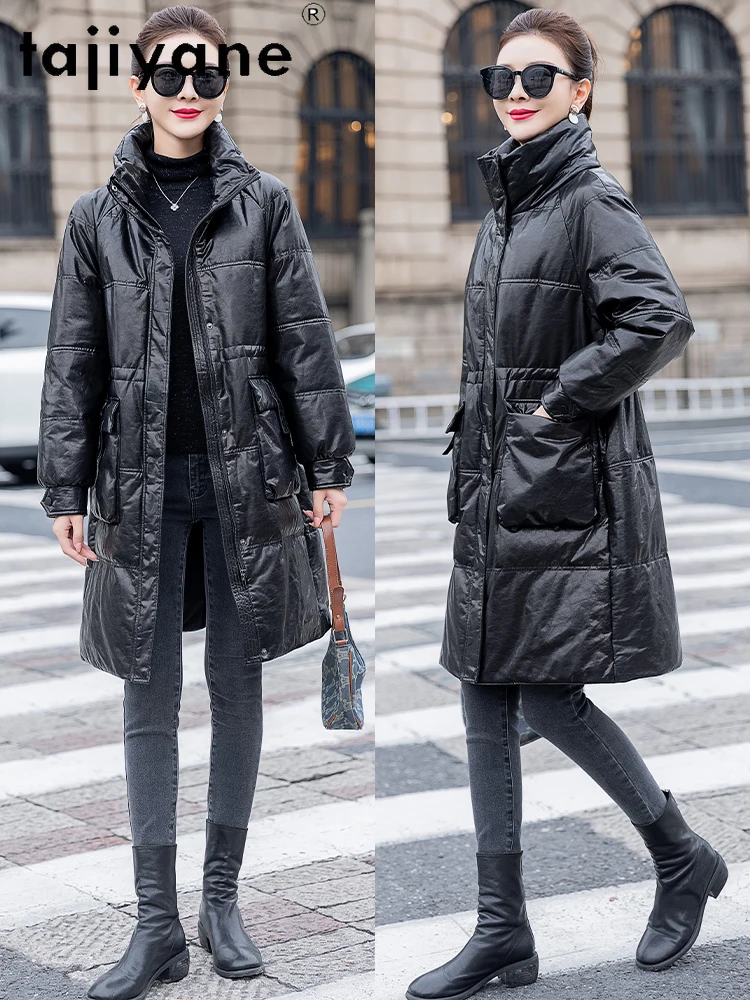 TAJIYANE 100% جلد البقر أوزة أسفل معطف المرأة أنيق سليم الجلد الحقيقي سترة منفوخة الشتاء ملابس خارجية امرأة الملابس 2025 신상АКю터