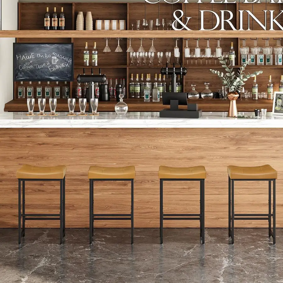 Bar Stools,25.4 Saddle Stools with PU Upholstery, Counter Height Stools with Footrest, Kitchen Breakfast Chairs, for Dining Room