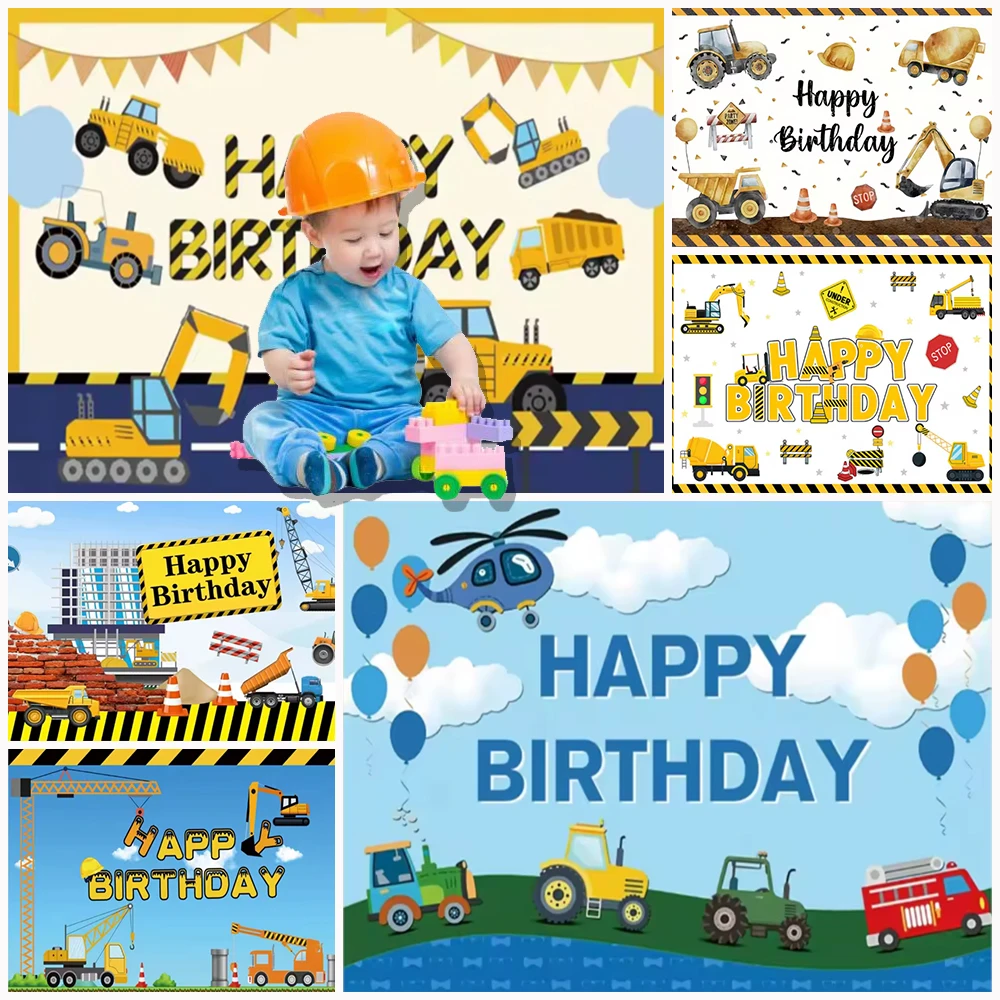 

Construction Team Excavator Car Theme Birthday Party Background Decoration Black And Yellow Stripes Vehicle Backdrop Banner Gift