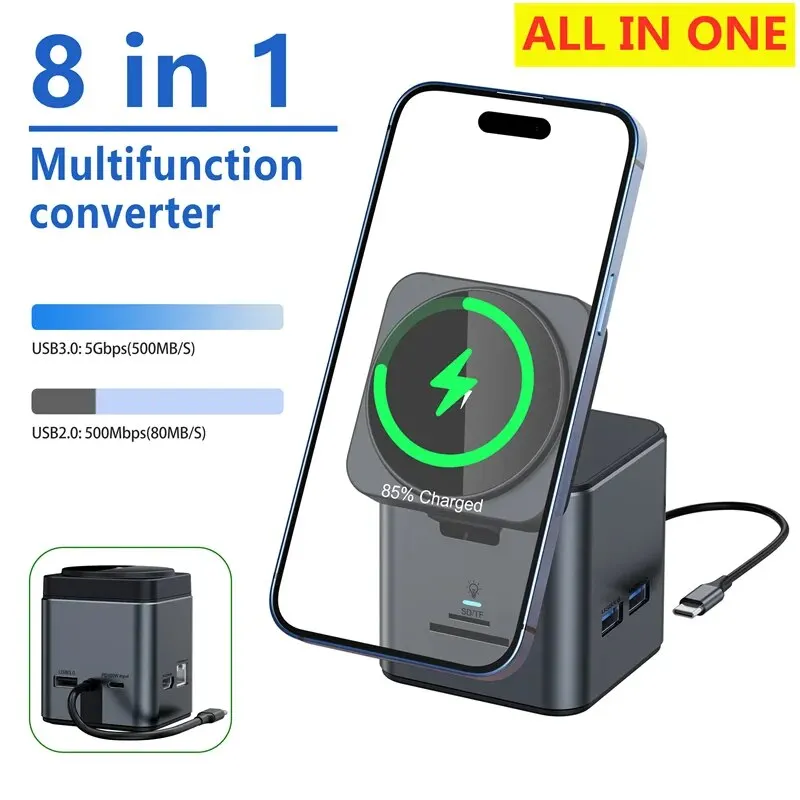 8 In 1 Magnetic Wireless Charger Stand USB C HUB 3.0 Type C Multi Splitter Adapter OTG Fast Charging Station for iPhone 15 14 13