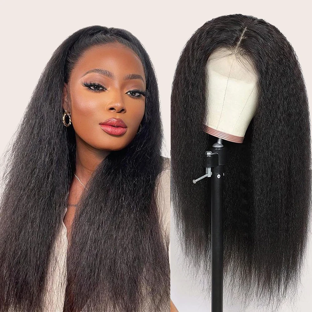 

30 Inch Kinky Straight Human Hair Wigs 360 Lace Frontal Wig 250 Density Yaki Straight Human Hair Pre Plucked Brazilian For Women
