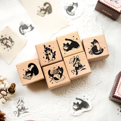 Yoofun Cute Little Black Cat Decoration Wooden Rubber Stamps for Scrapbooking Journal Stationery Diy Craft Retro Standard Seal