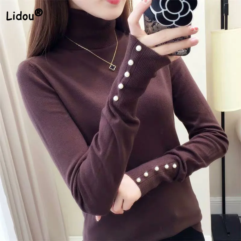 Elegant Fashion Beading Long Sleeve Turtleneck Sweaters Autumn Winter Female Solid Color All-match Basic Women\'s Knitted T-shirt