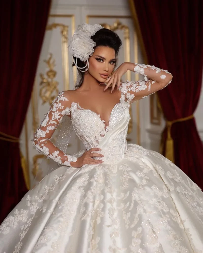 Flavinke Customized New Arrivals Long Sleeve Zipper Up Back Beading Satin Ball Gown Wedding Dresses Vestido De Noiva Casamento