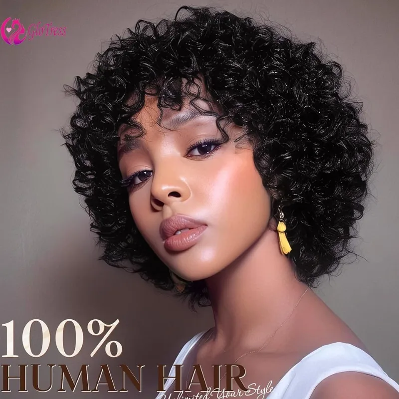 

12A Человеческие волосы Короткие вьющиеся парики с бахромой пикси для женщин 6 дюймов Натуральный цвет Полные машинные парики Волосы Реми с челкой