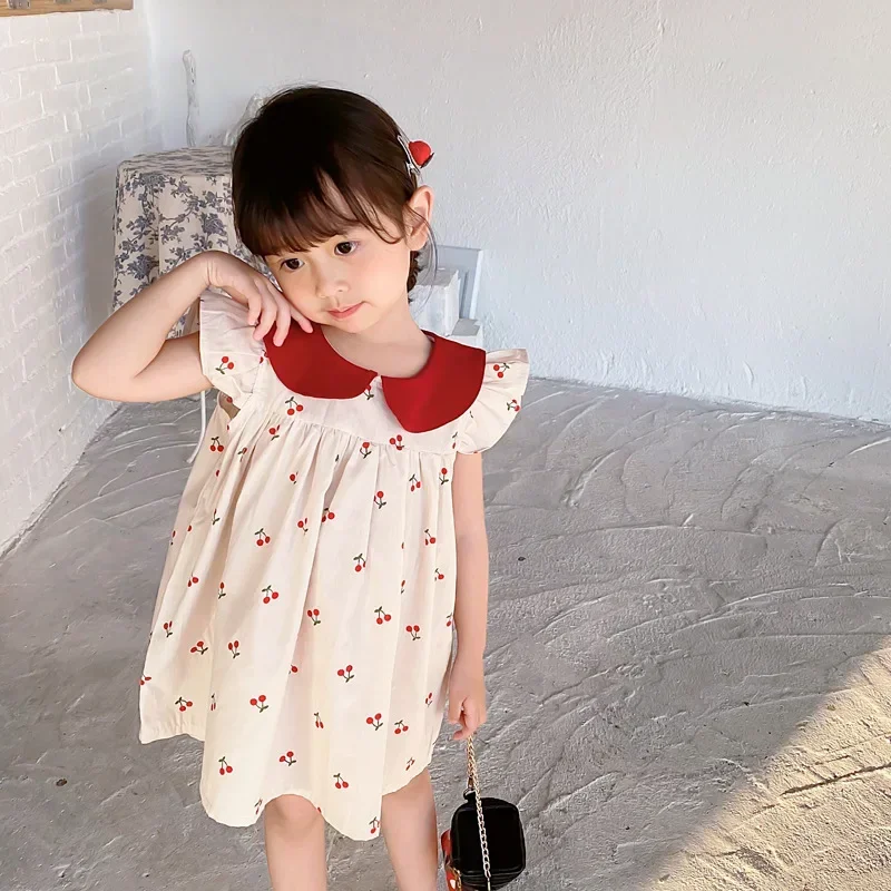 

New Cherry Print Girls Dress Toddler Kid Baby Clothes Ruffles Sleeveless Cotton Dresses Elegant Cute Sweet Sundress Outfit 1-7T