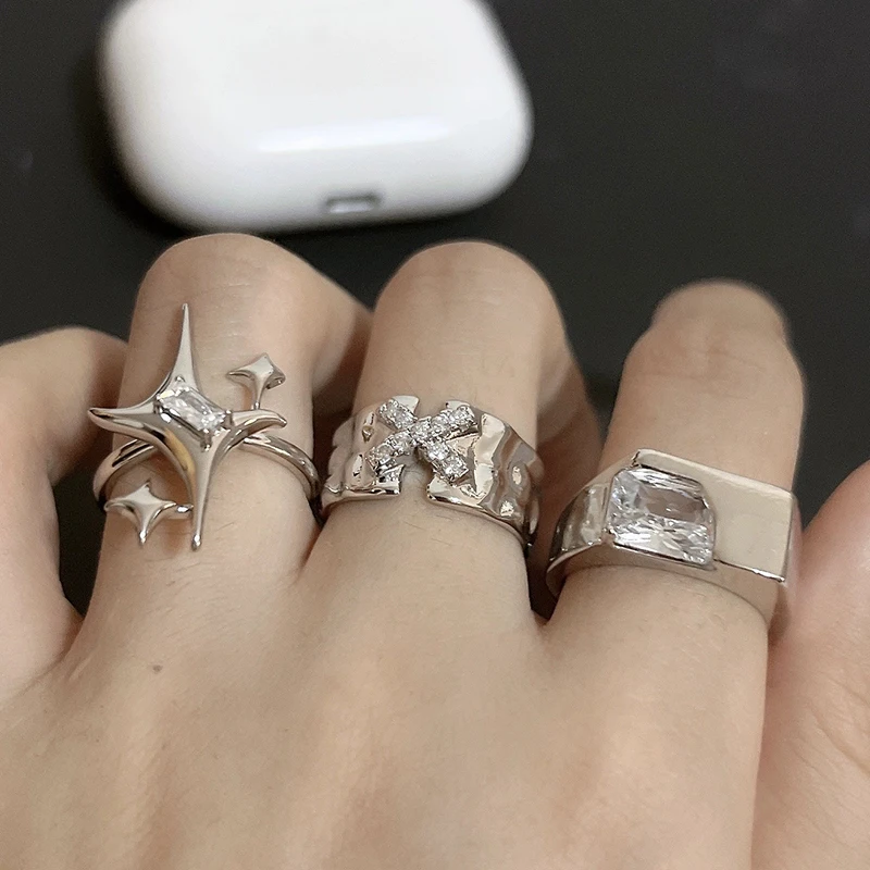 Zirkon Stern Kreuz Offenen Ring für Frauen Männer Exquisite Geometrische Zeigefinger Ring Vintage Casual Punk Vielseitig Schmuck Großhandel